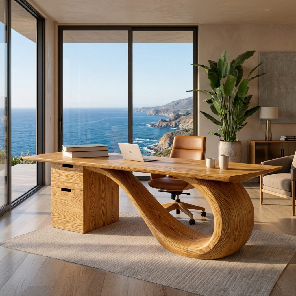 Modern Solid Wood Desk with Curved Sculptural Base and Drawers in Oak finish