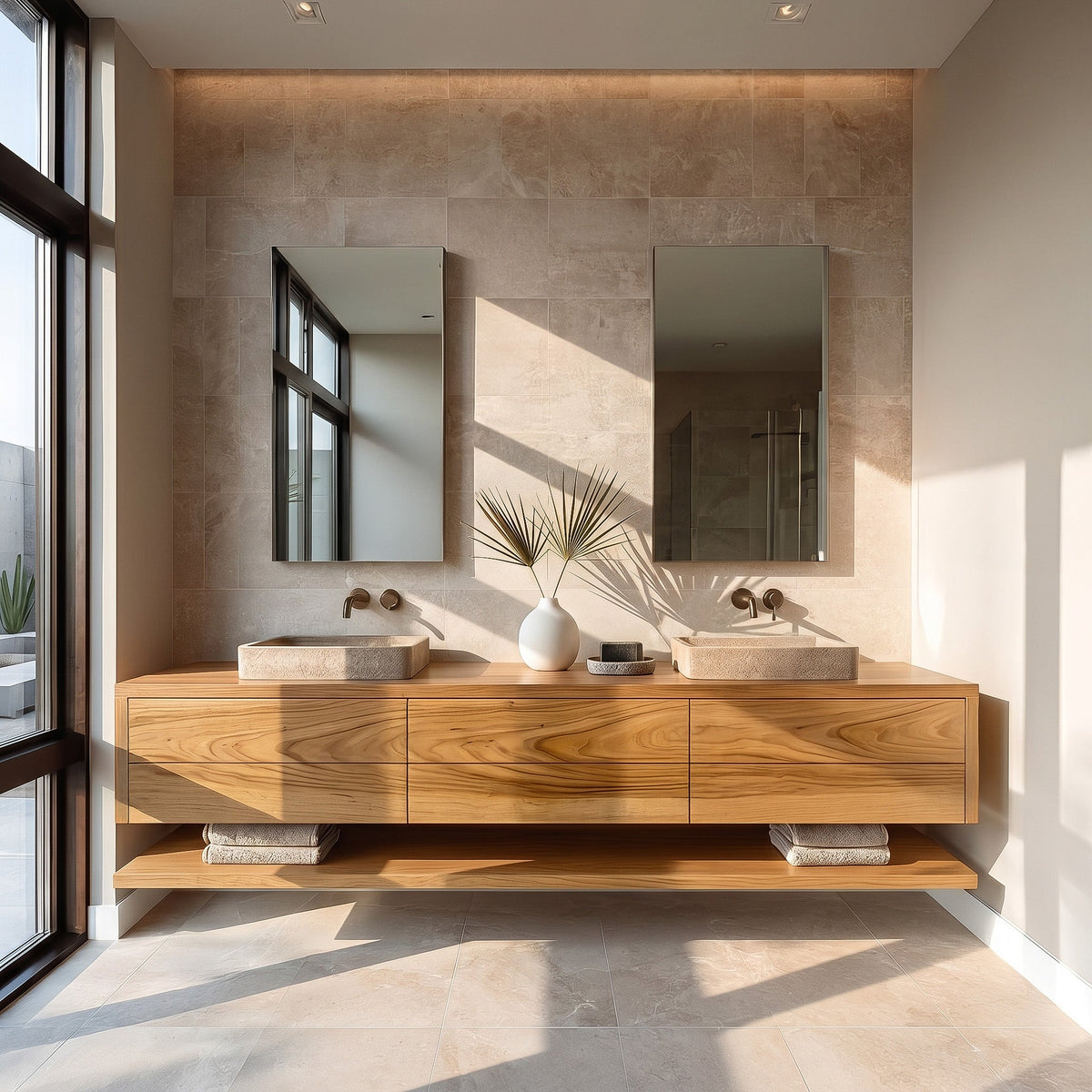Contemporary Floating Solid Wood Bathroom Vanity with Drawers in Oak finish