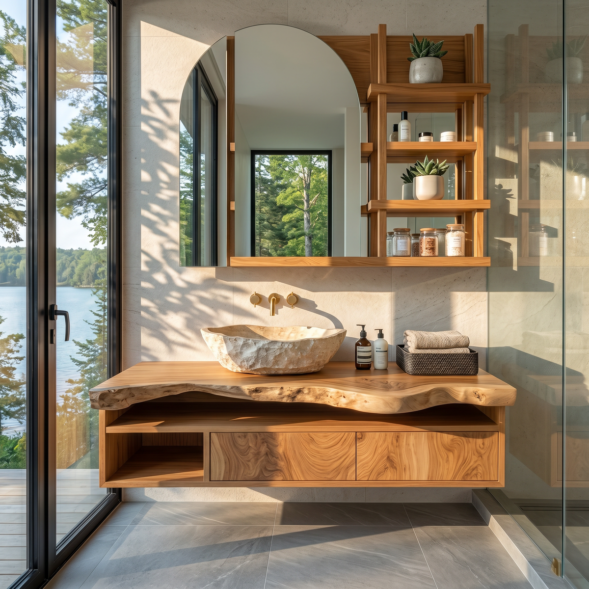 Rustic Live Edge Wall-Mounted Bathroom Vanity in Solid Wood in Oak finish