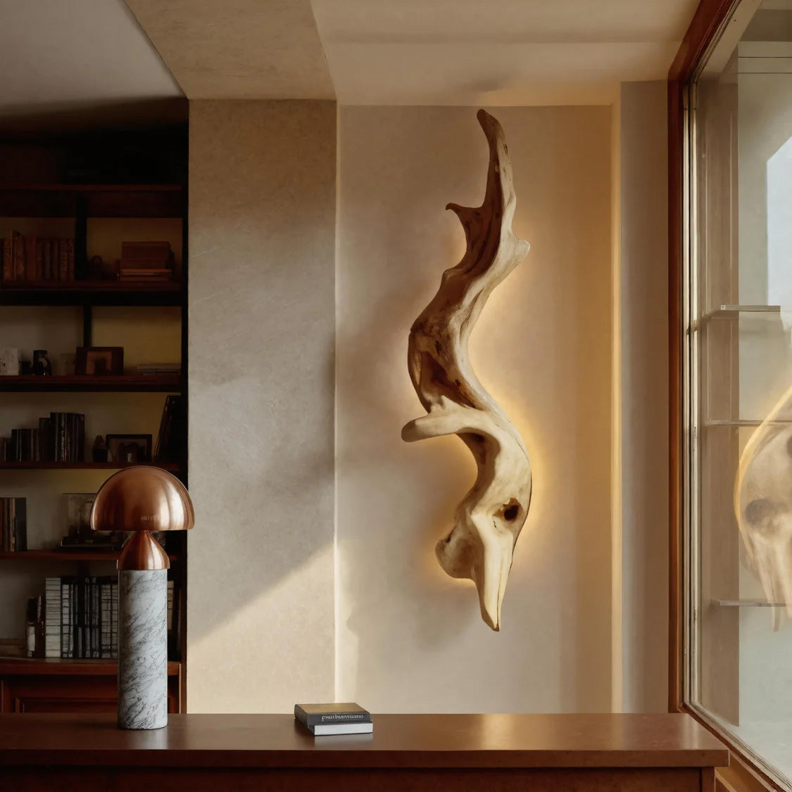 Rustic Organic Solid Wood Wall Lamp Sculpture with Ambient Glow in Oak finish