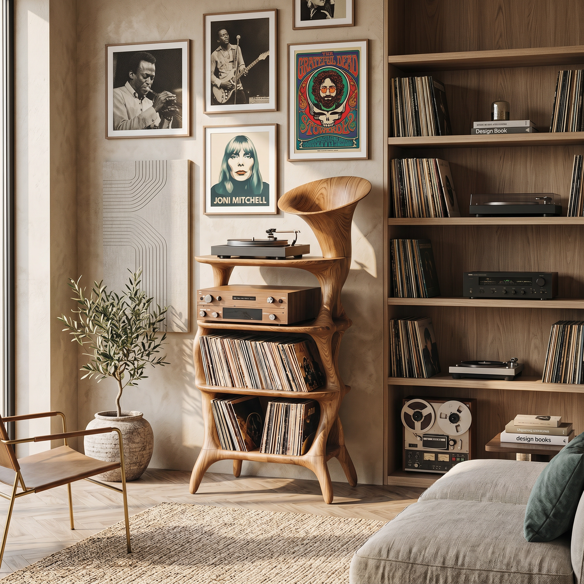 Mid-Century Solid Hardwood Vinyl Record Cabinet with Cube Profile in Oak finish