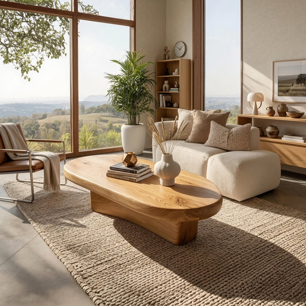 Oval Solid Wood Coffee Table with Sculptural Pedestal Base in Oak finish