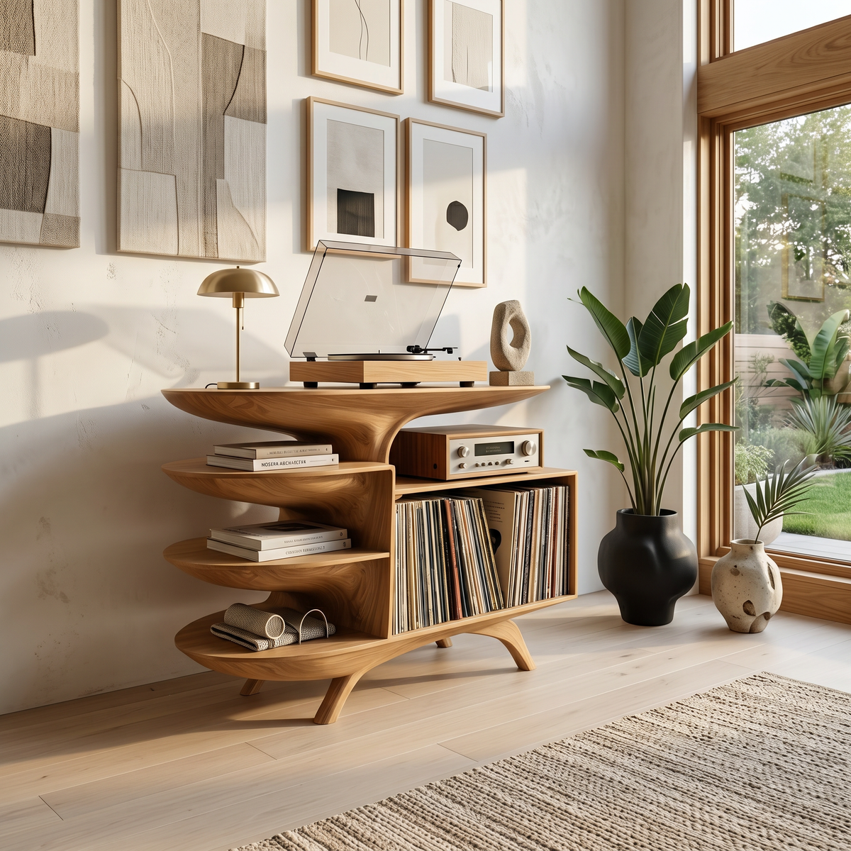 Modern Reclaimed Tamarind Wood Record Player Stand for Bedroom in Oak finish