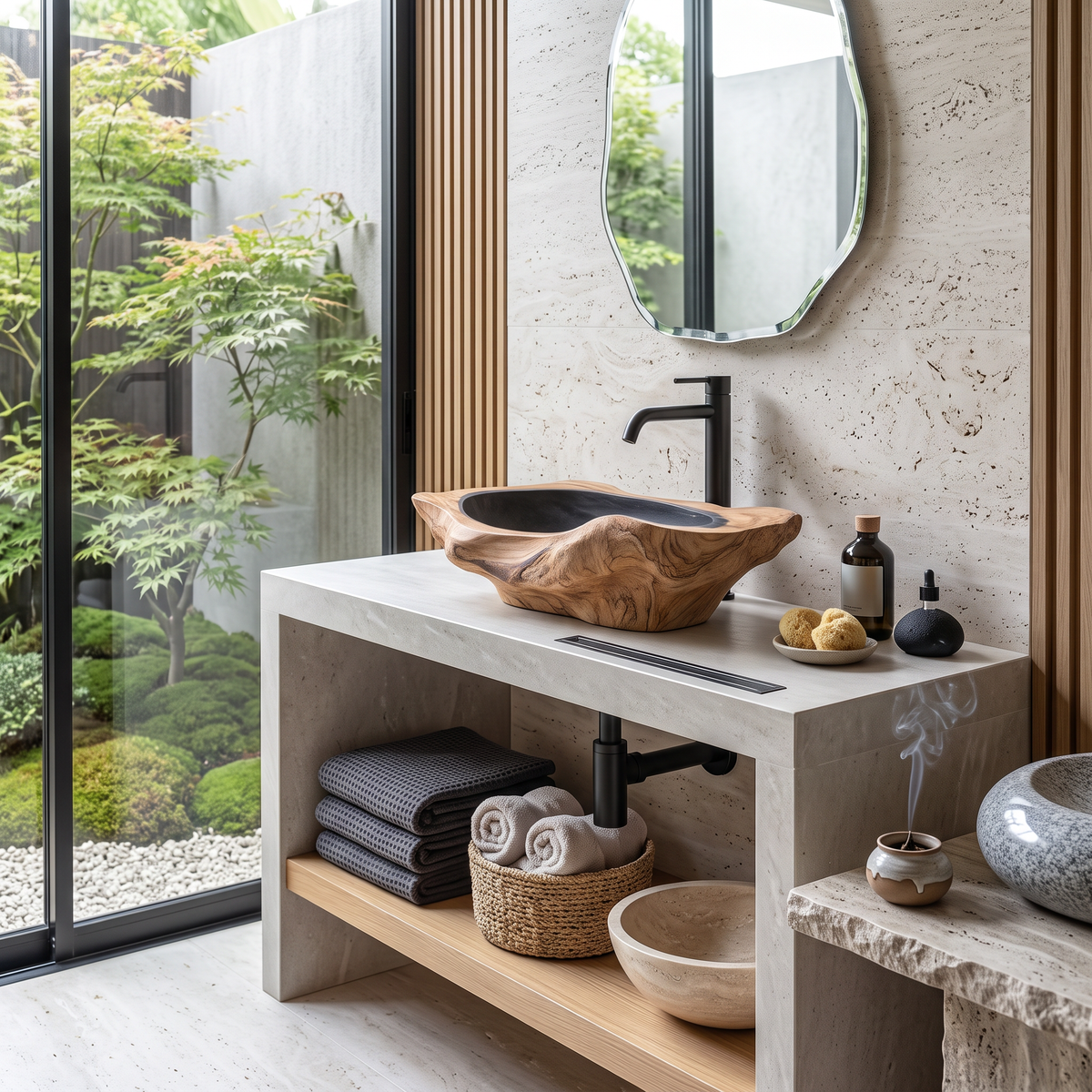 Hand-Carved Solid Hardwood Vessel Sink with Water-Resistant Seal in Oak finish