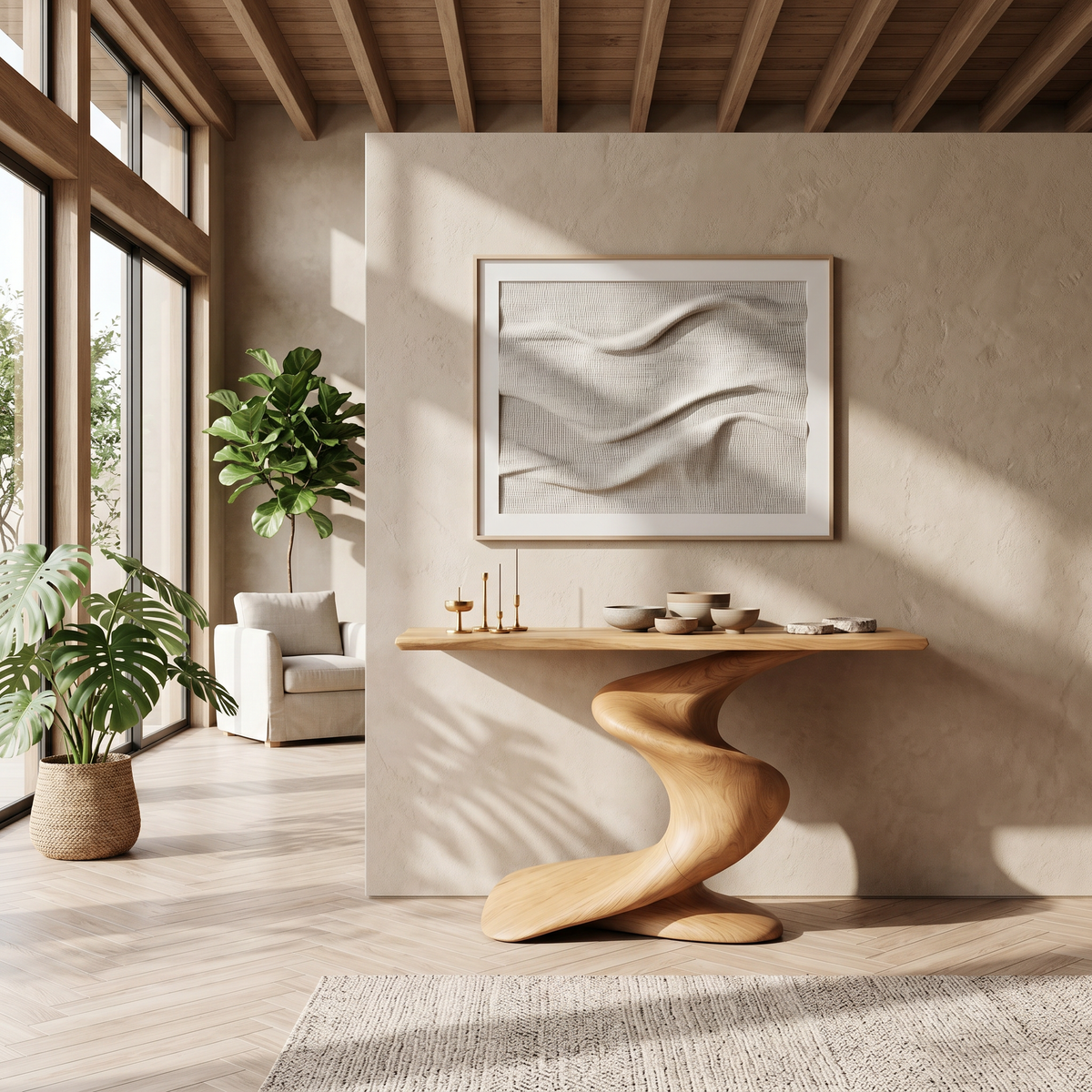 Handcrafted Solid Wood Console Table with Natural Knots and Grain in Oak finish