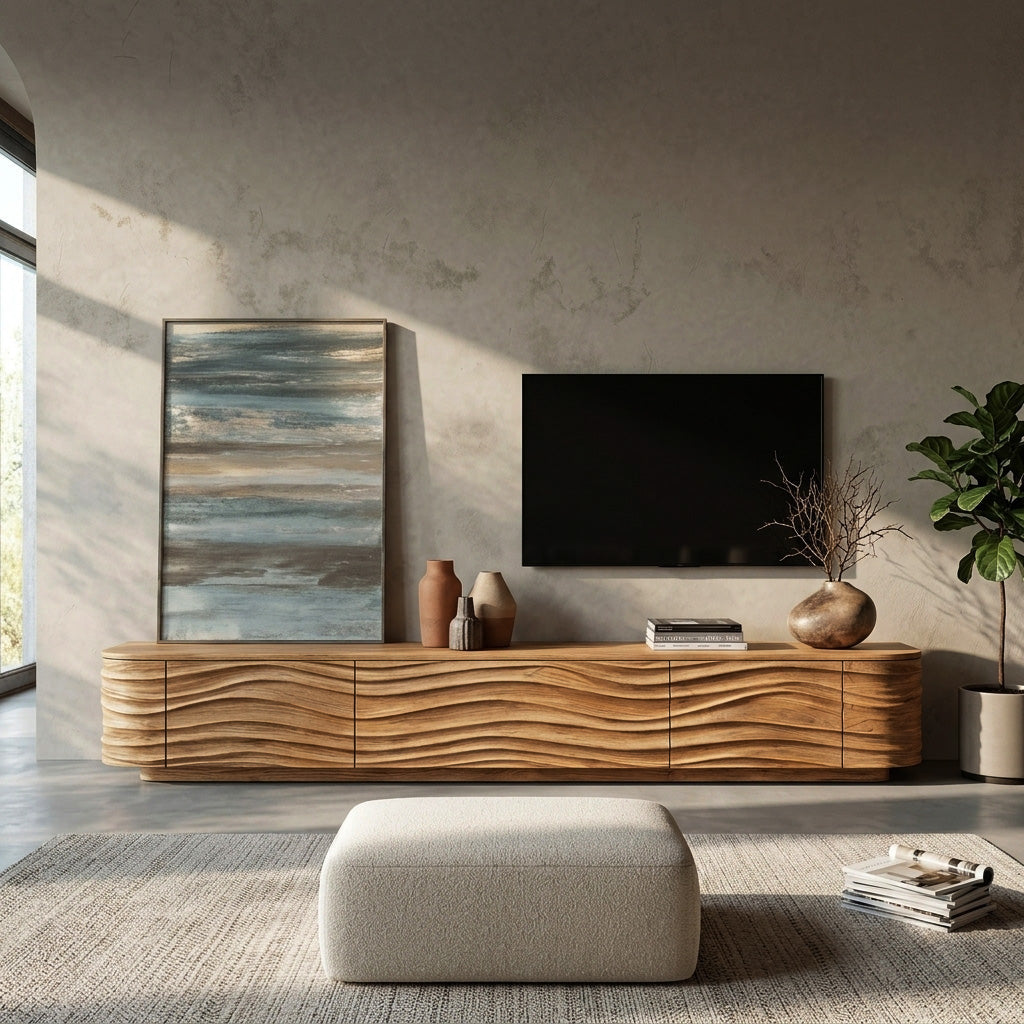 Low Solid Wood TV Stand with Carved Wave Front Doors in Oak finish