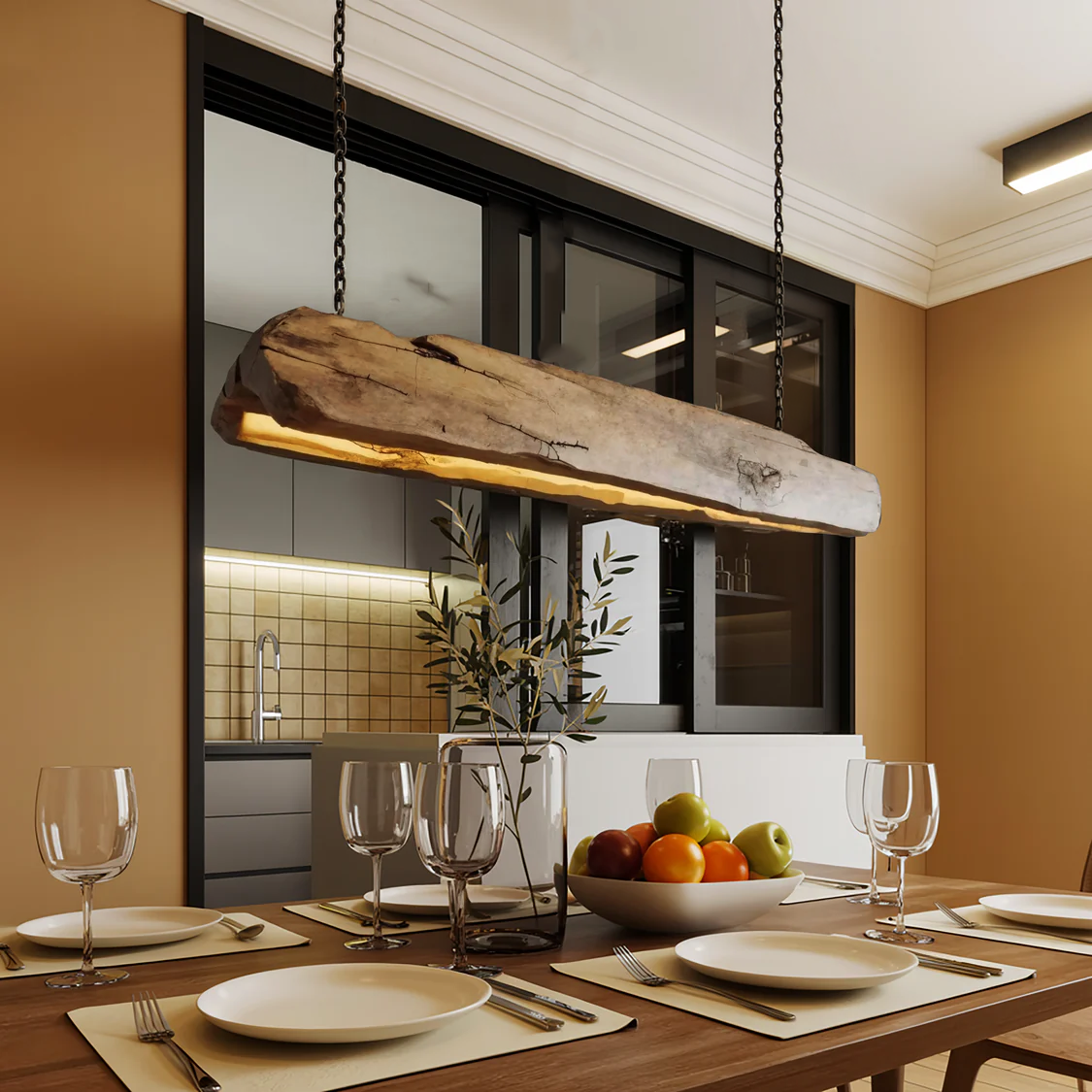 Rustic Solid Wood Log Beam Pendant Light for Kitchen Island in Oak finish