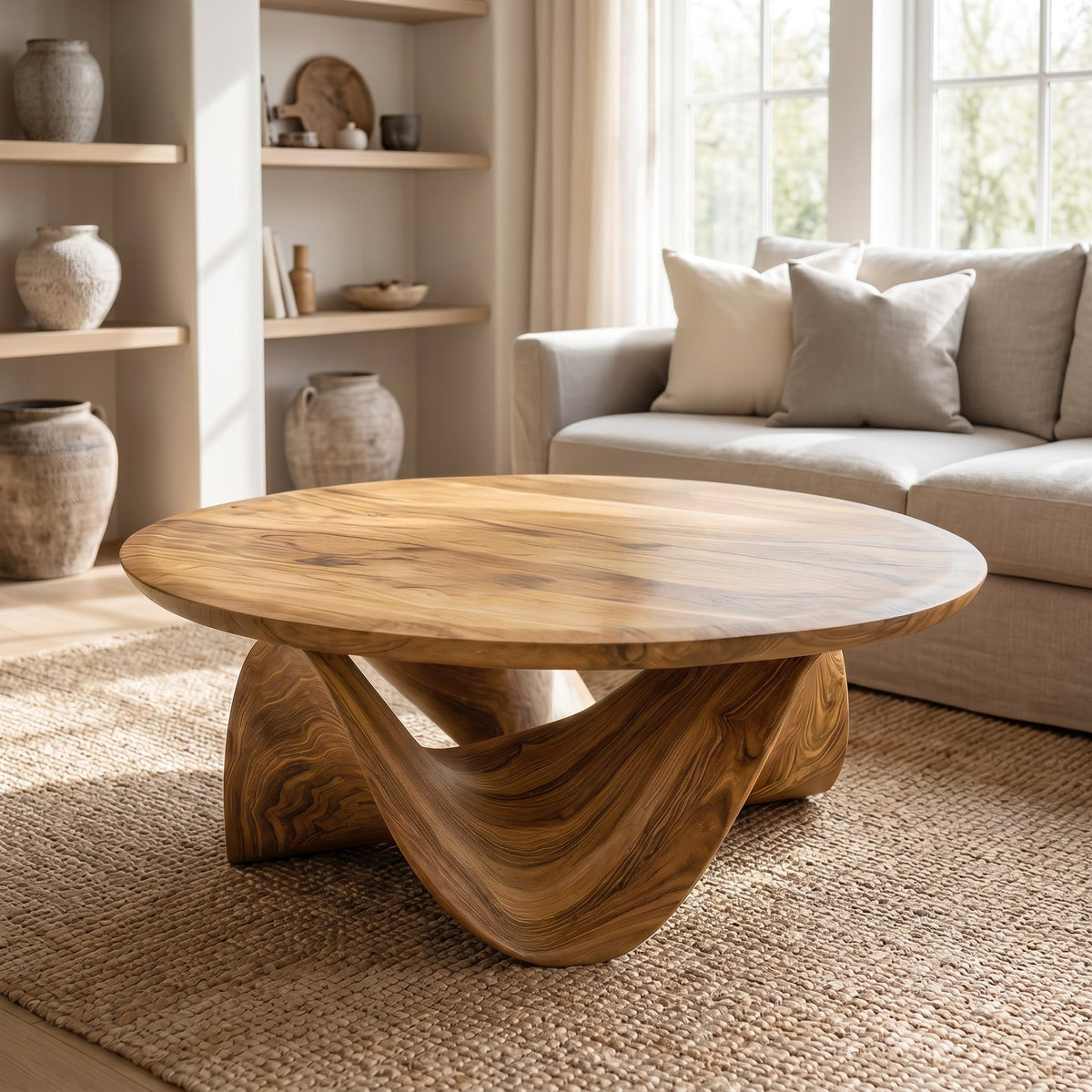Solid Wood Round Coffee Table with Sculptural Curved Base in Oak finish