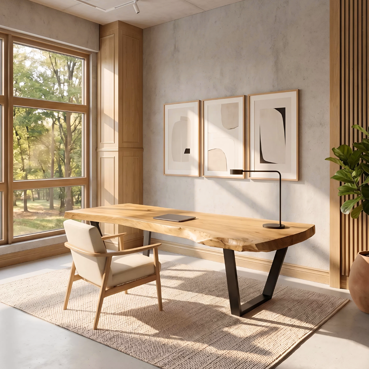 Monkey Pod Solid Wood Desk with Live Edge Top in Oak finish
