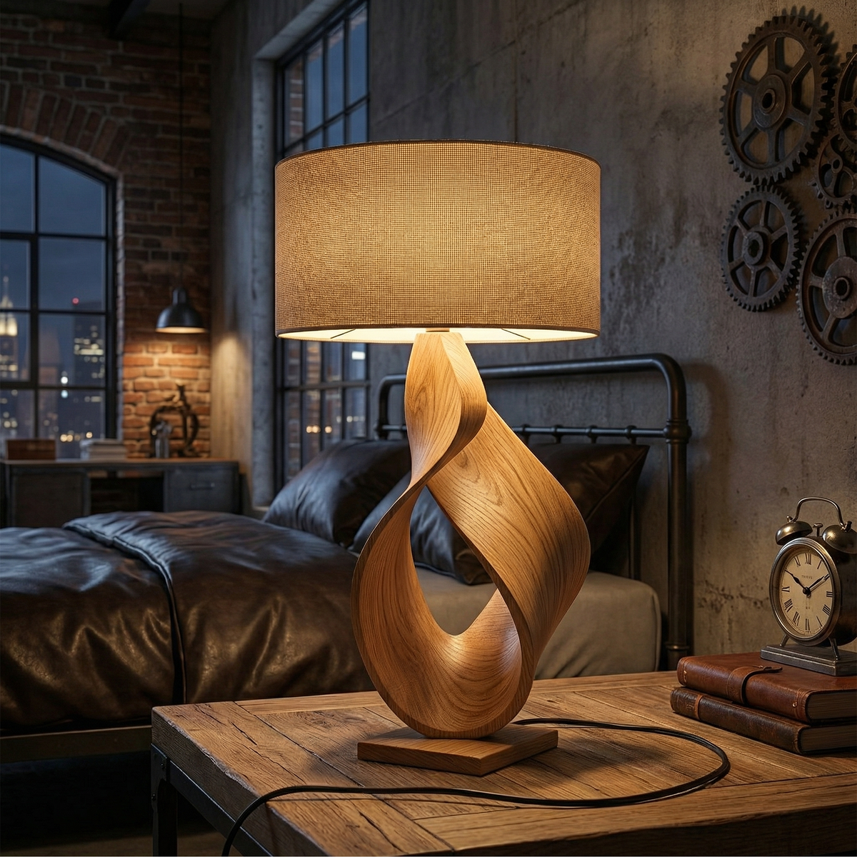 Monkey Pod Sculptural Table Lamp for Desk or Studio in Oak finish