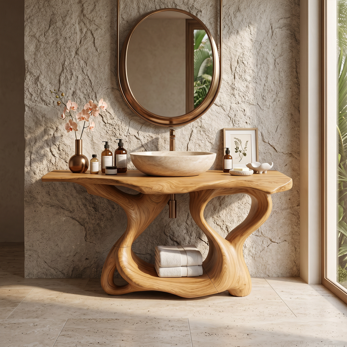Rustic Solid Wood Bathroom Vanity with Waterproof PU Finish in Oak finish