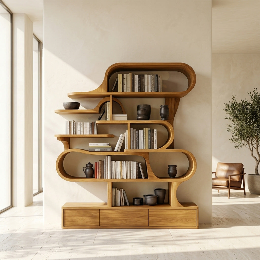 Curved Sculptural Solid Wood Bookshelf with Layered Shelves in Oak finish
