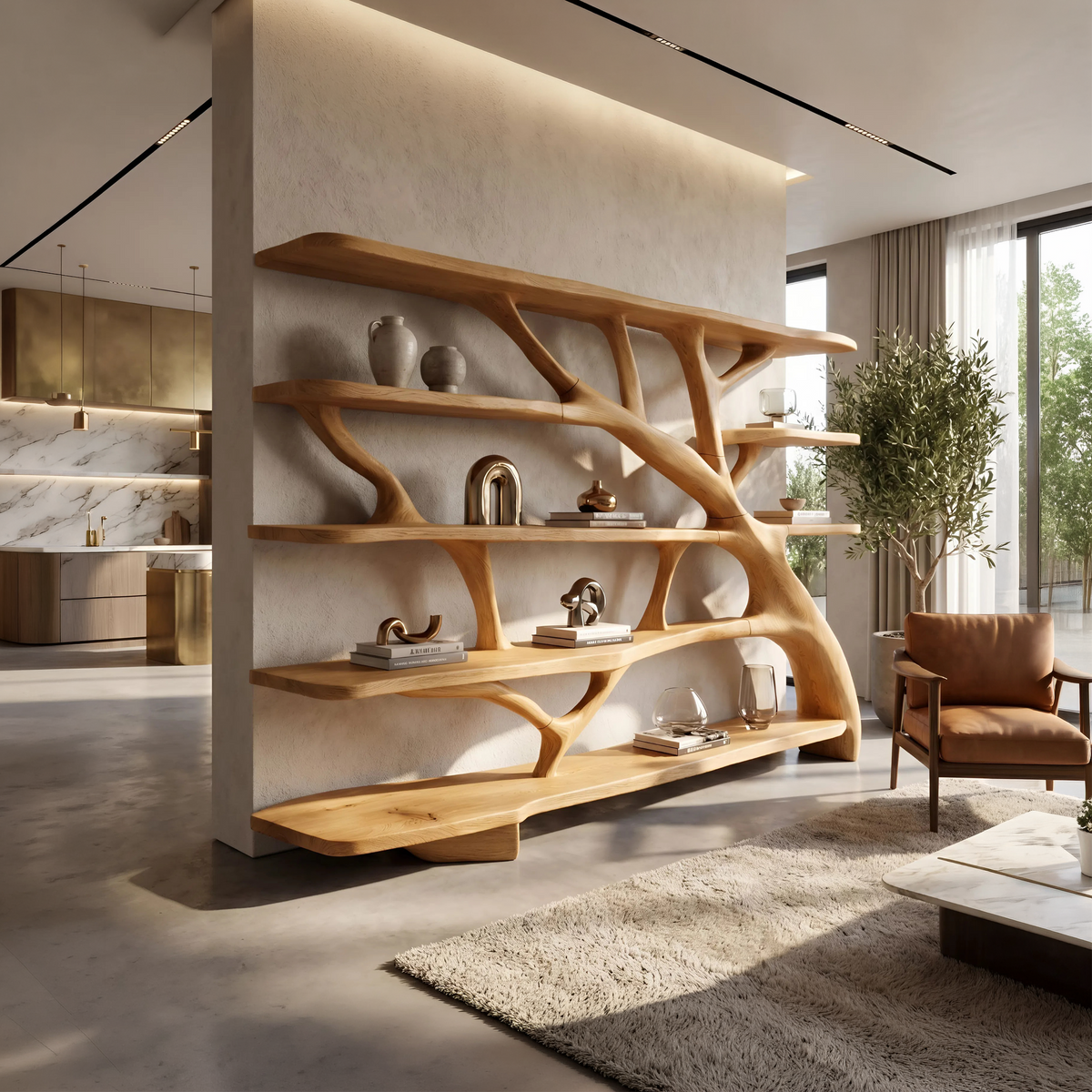 Wavy Sculptural Solid Wood Bookcase with Asymmetrical Shelves in Oak finish