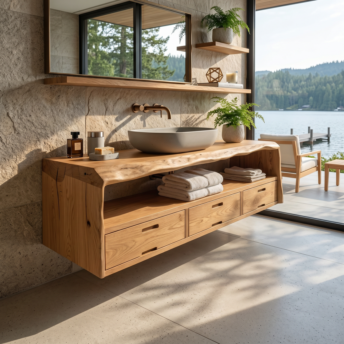 Farmhouse Floating Live Edge Bathroom Vanity in Solid Wood in Oak finish
