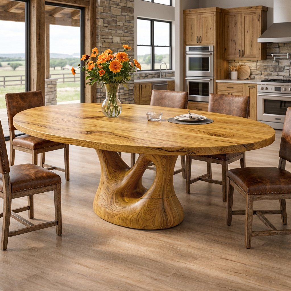 Farmhouse Solid Wood Dining Table with Sculptural Curved Pedestal in Oak finish