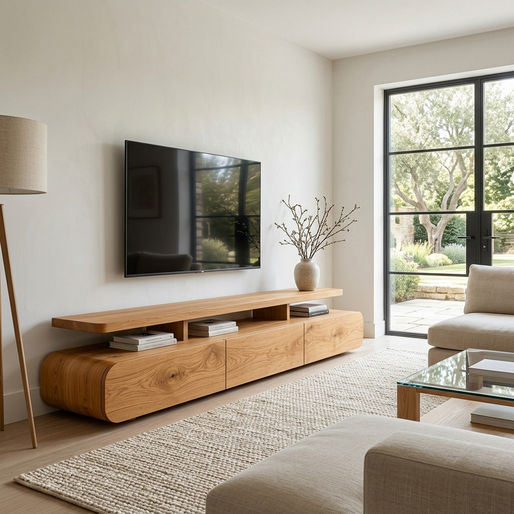 Low Profile Solid Wood TV Stand with Rounded Edges in Oak finish
