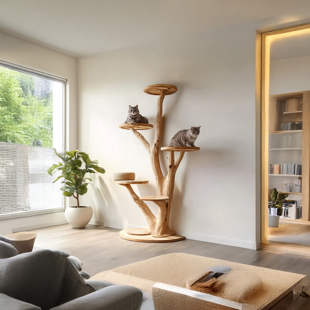 Rustic Solid Wood Tree Cat Tower with Branch Perches in Oak finish
