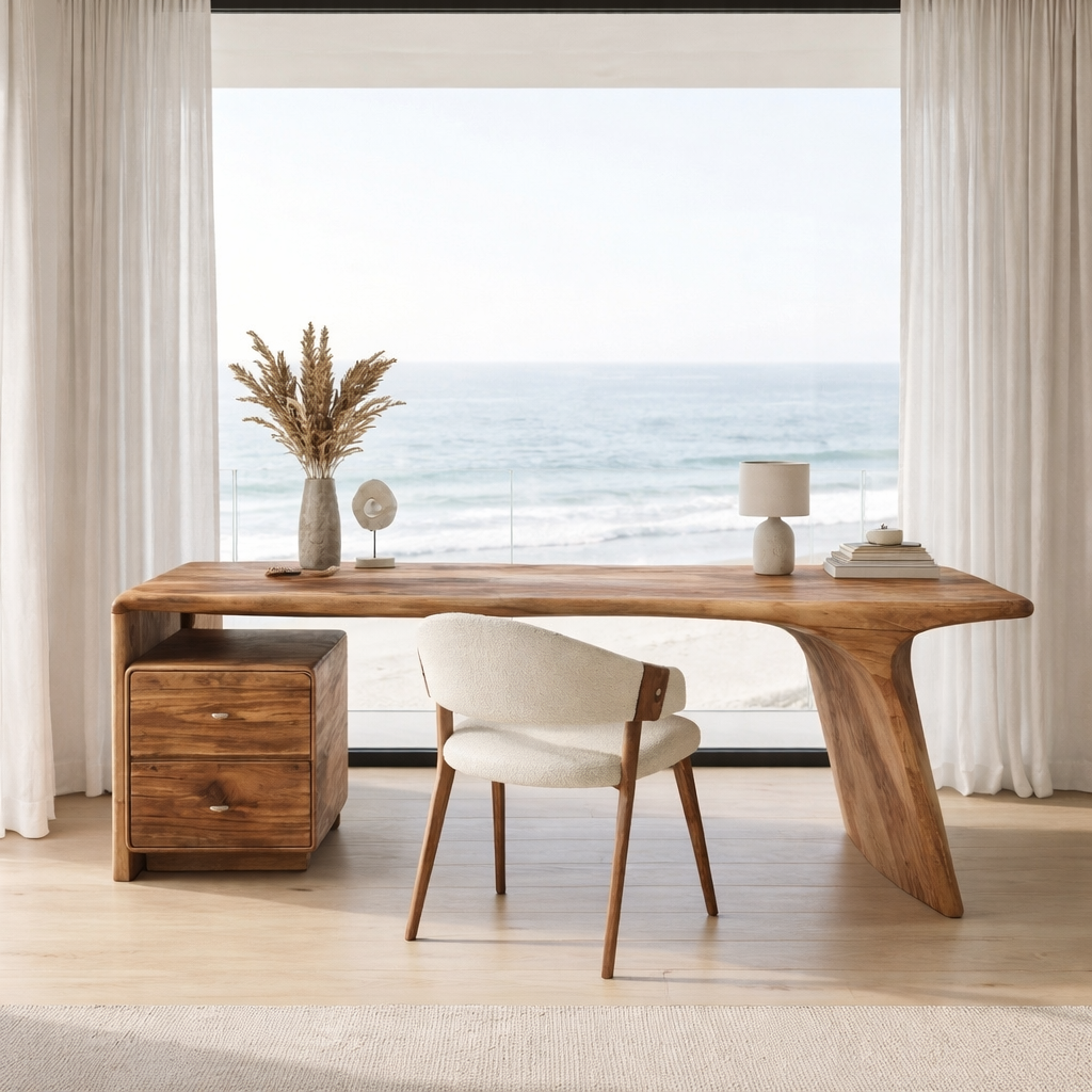 Solid Wood Desk with Drawers and Curved Sculptural Base - view 2