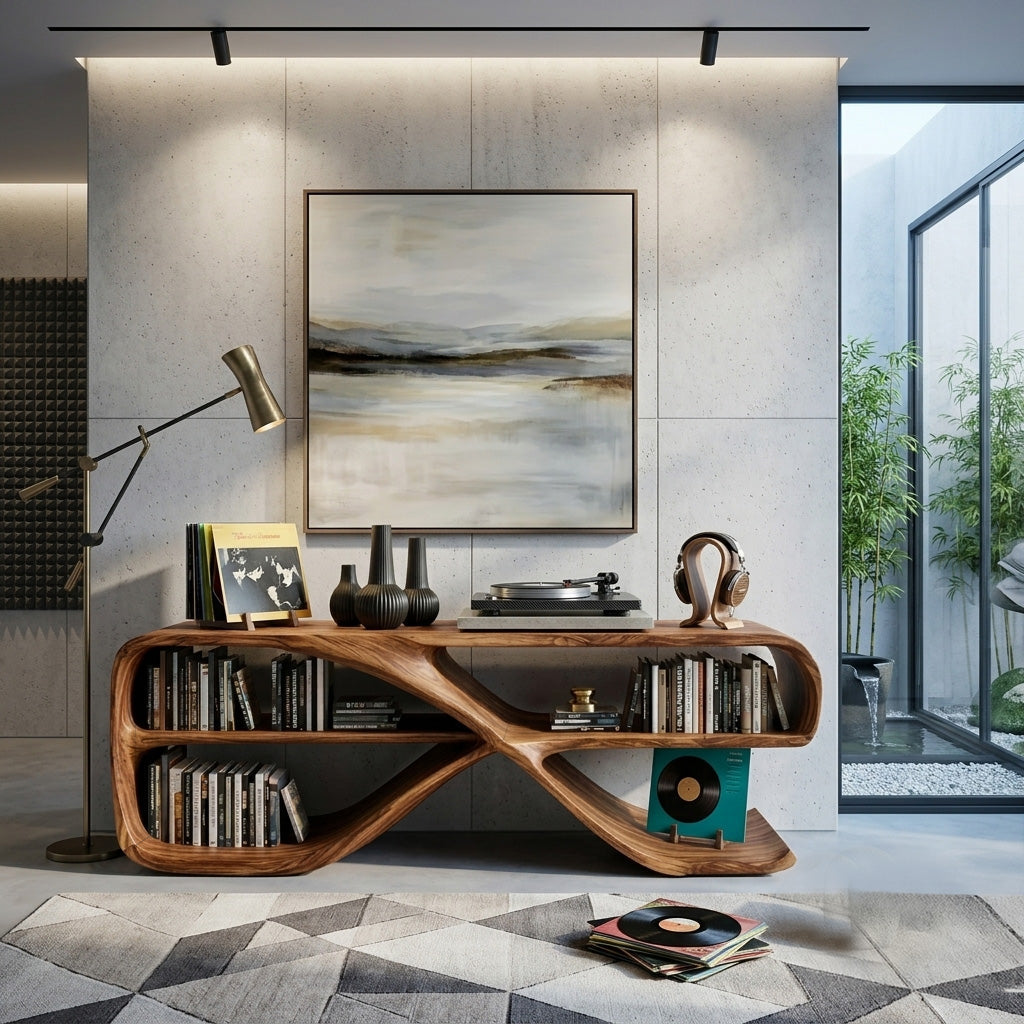 Modern Organic Wave Console Table in Solid Wood with Open Shelves - view 2