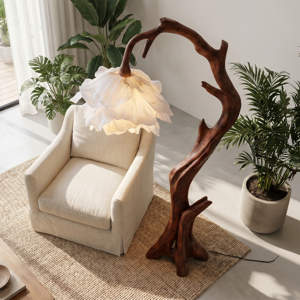Flower Floor Lamp with Handcrafted Solid Wood Base - view 2