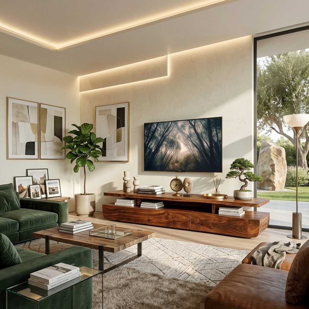 Contemporary Solid Wood TV Cabinet with Storage Drawers and Open Shelf - view 3