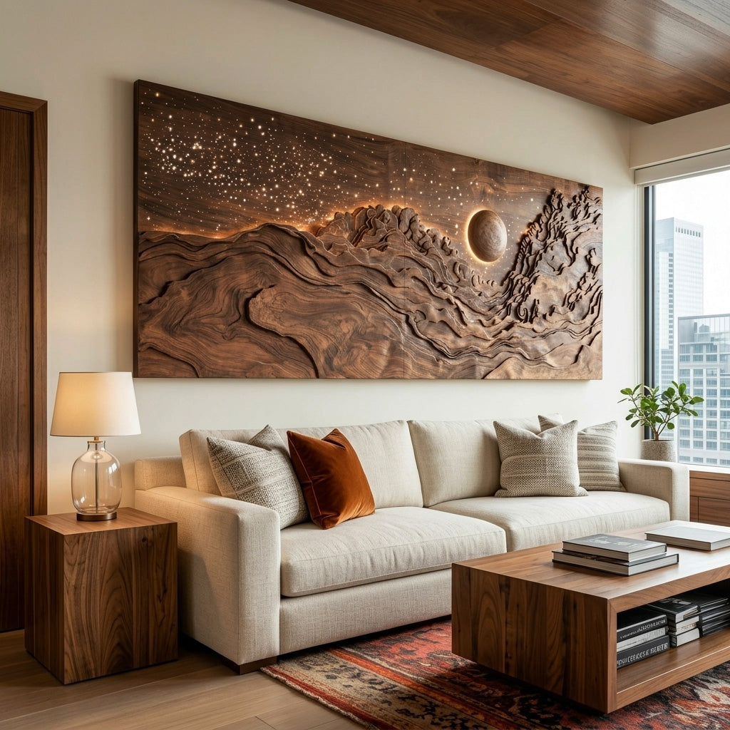 Hand-Carved Solid Wood Eclipse Wall Art with LED Backlight - view 2