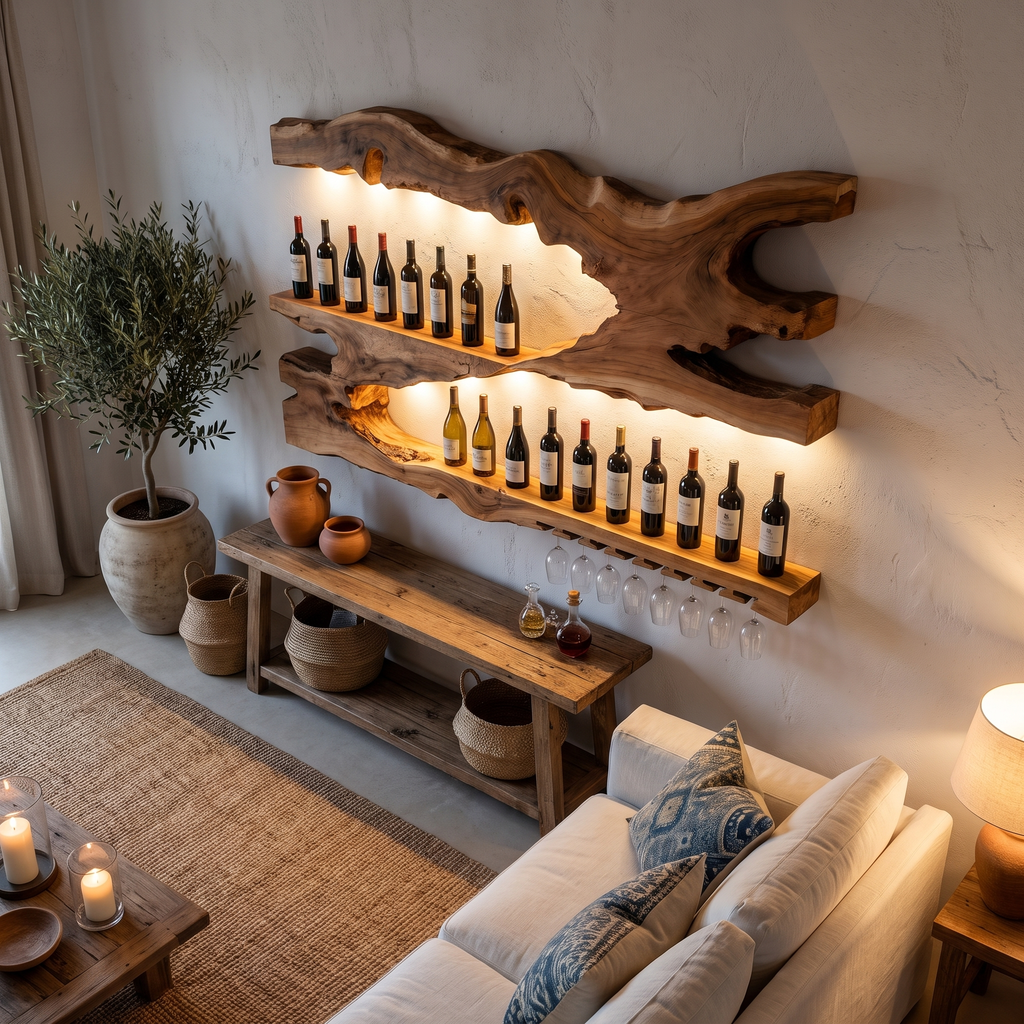 Mid-Century Monkeypod Wood Wall Wine Rack with Minimalist Shelf - view 2