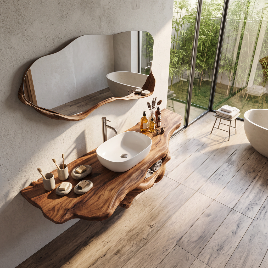 Solid Oak Live Edge Wall-Hung Bathroom Vanity Shelf, Farmhouse - view 2