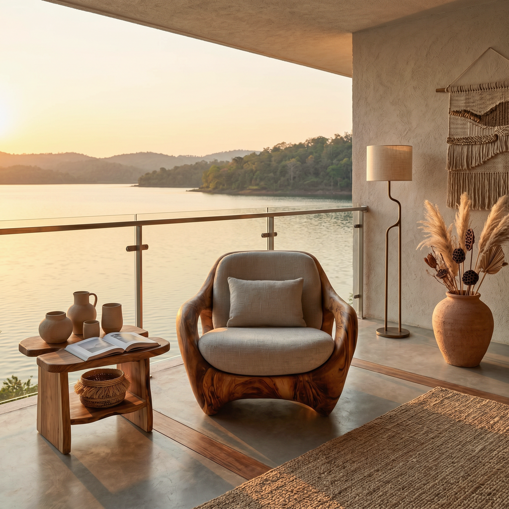 Carved Solid Wood Lounge Chair with Open Frame and Cushions - view 2