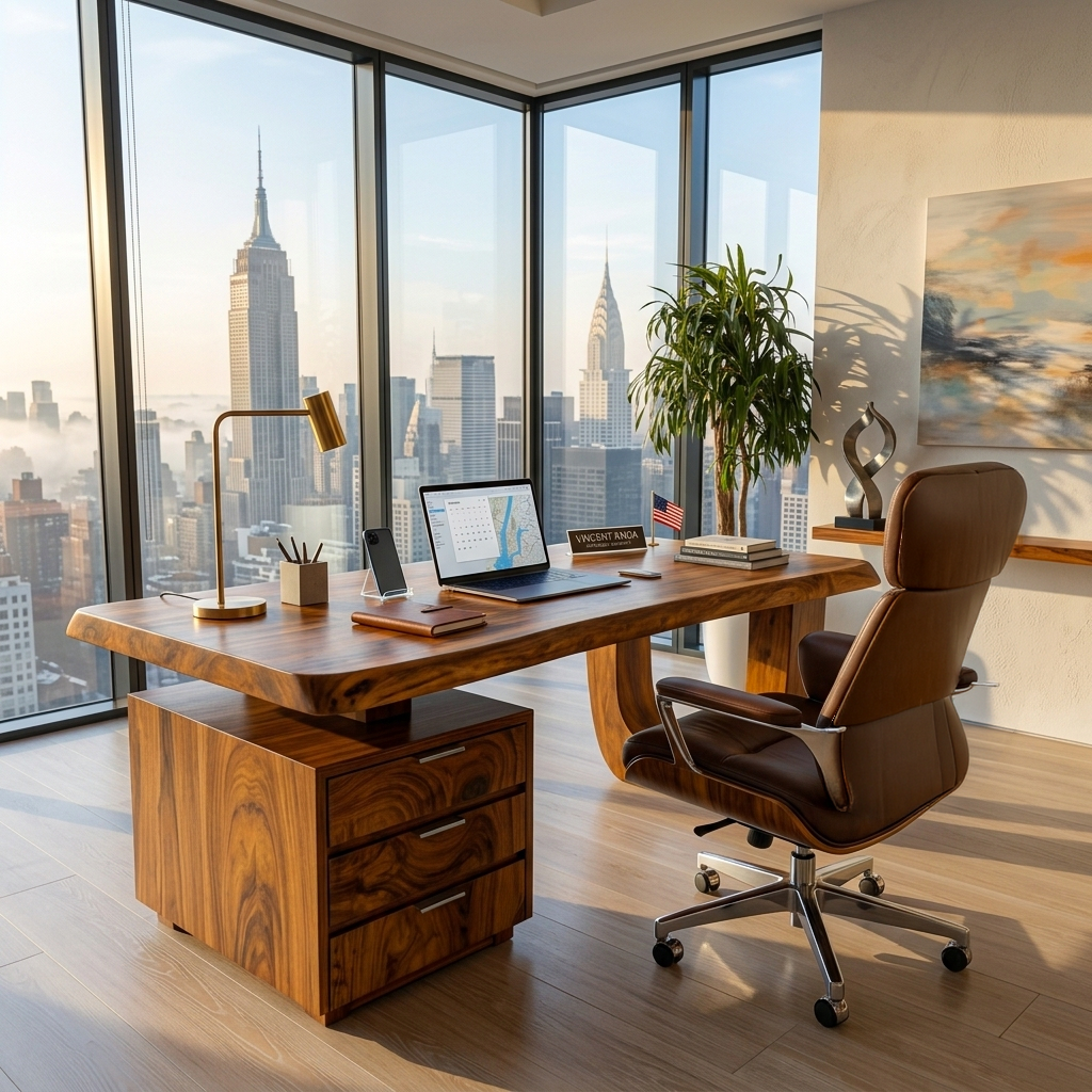 Minimalist Solid Wood Desk with Drawers and Curved Base - view 2