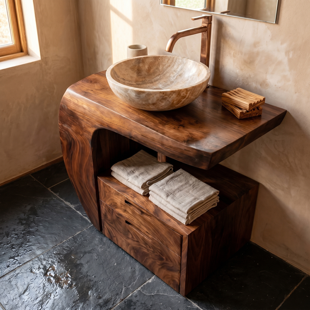 Modern Organic Wood Bathroom Vanity with Open Shelf Cabinet - view 2