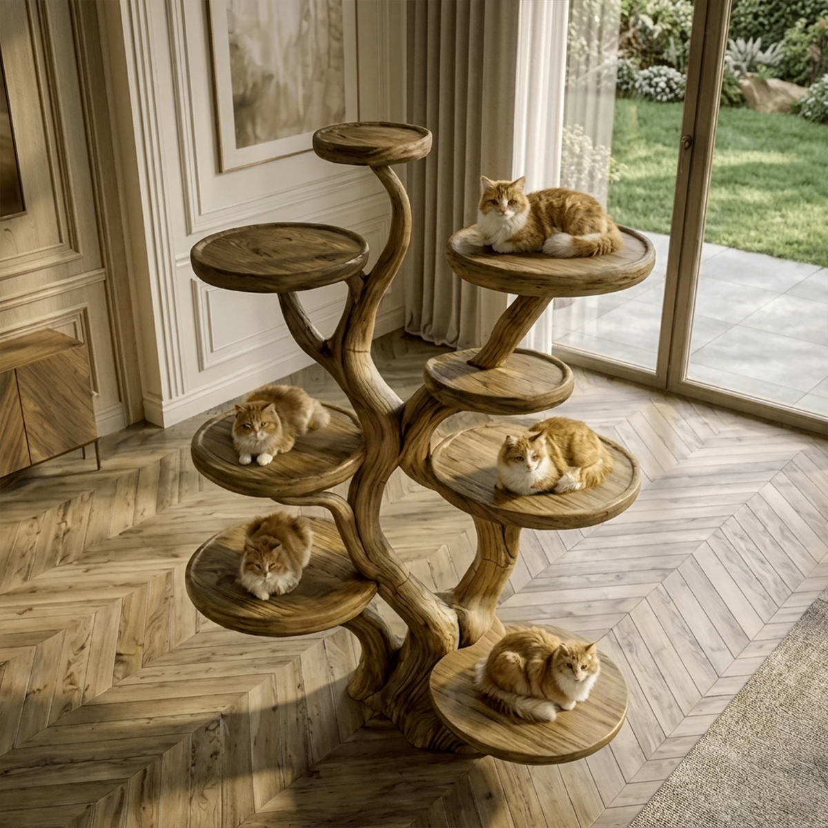 Rustic Solid Wood Cat Tree with Curved Trunk and Tiered Platforms - view 3