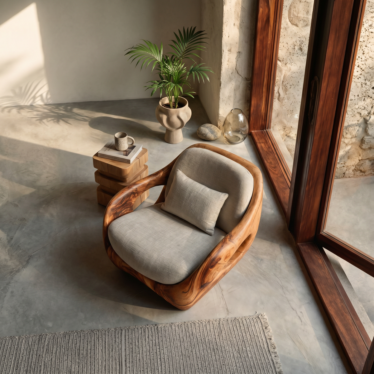 Carved Solid Wood Lounge Chair with Open Frame and Cushions - view 3