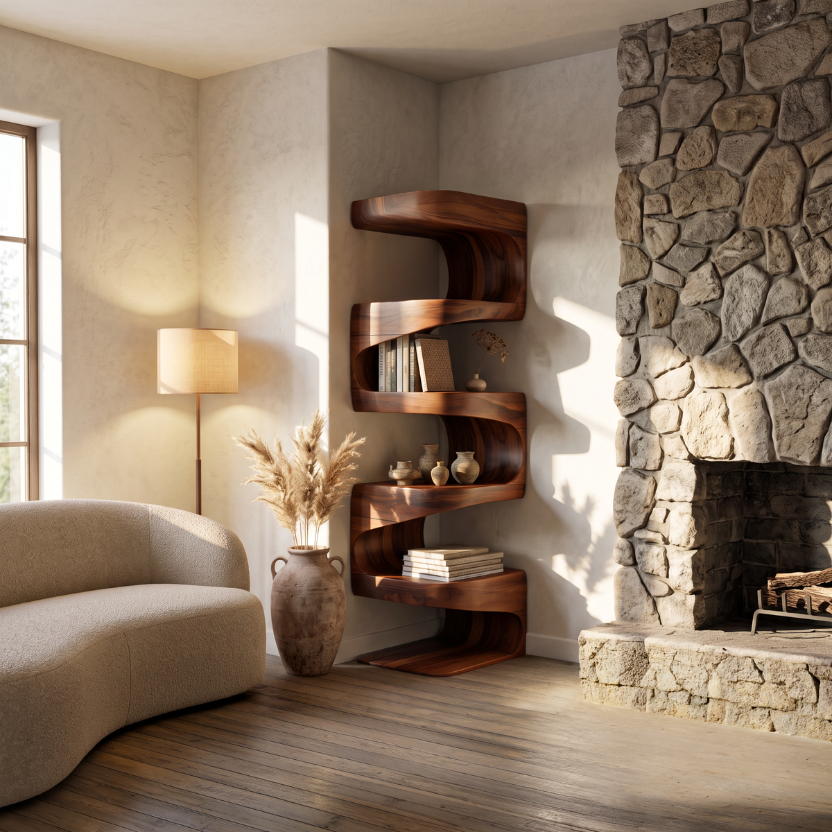 Modern Corner Wave Bookshelf in Solid Wood with Tiered Shelves - view 3