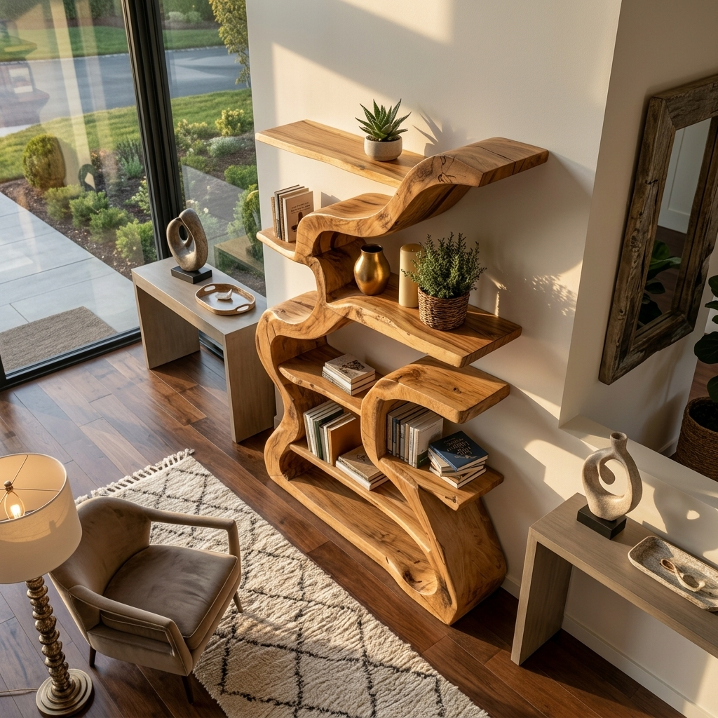 Organic Freestanding Solid Wood Bookshelf with Fluid Curves - view 3