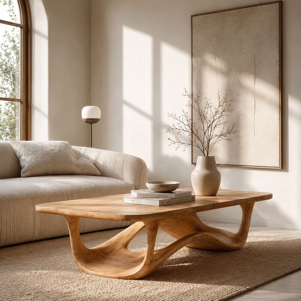 Sculptural Solid Wood Coffee Table with Curved Open Base - view 3
