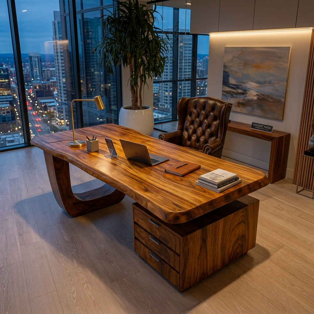 Minimalist Solid Wood Desk with Drawers and Curved Base - view 3