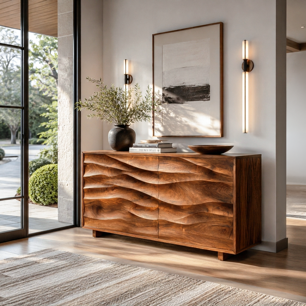 Wave Carved Solid Wood Sideboard with Sculpted Front Panels - view 4