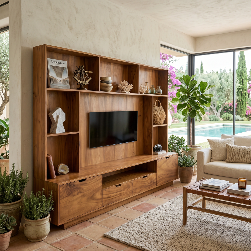 Solid Wood TV Wall Unit with LED Lit Shelves and Cabinets - view 4