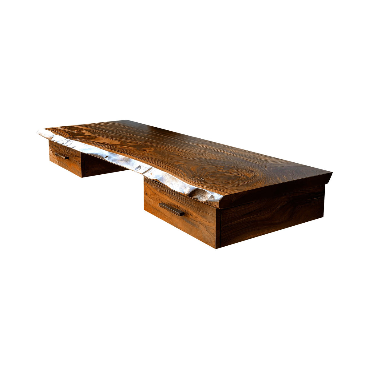 Live Edge Solid Wood Floating Wall Desk with Drawers in Brown finish