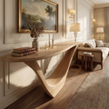 Solid Hardwood Console Table with Open Geometric Sculpted Base in Natural Oak finish