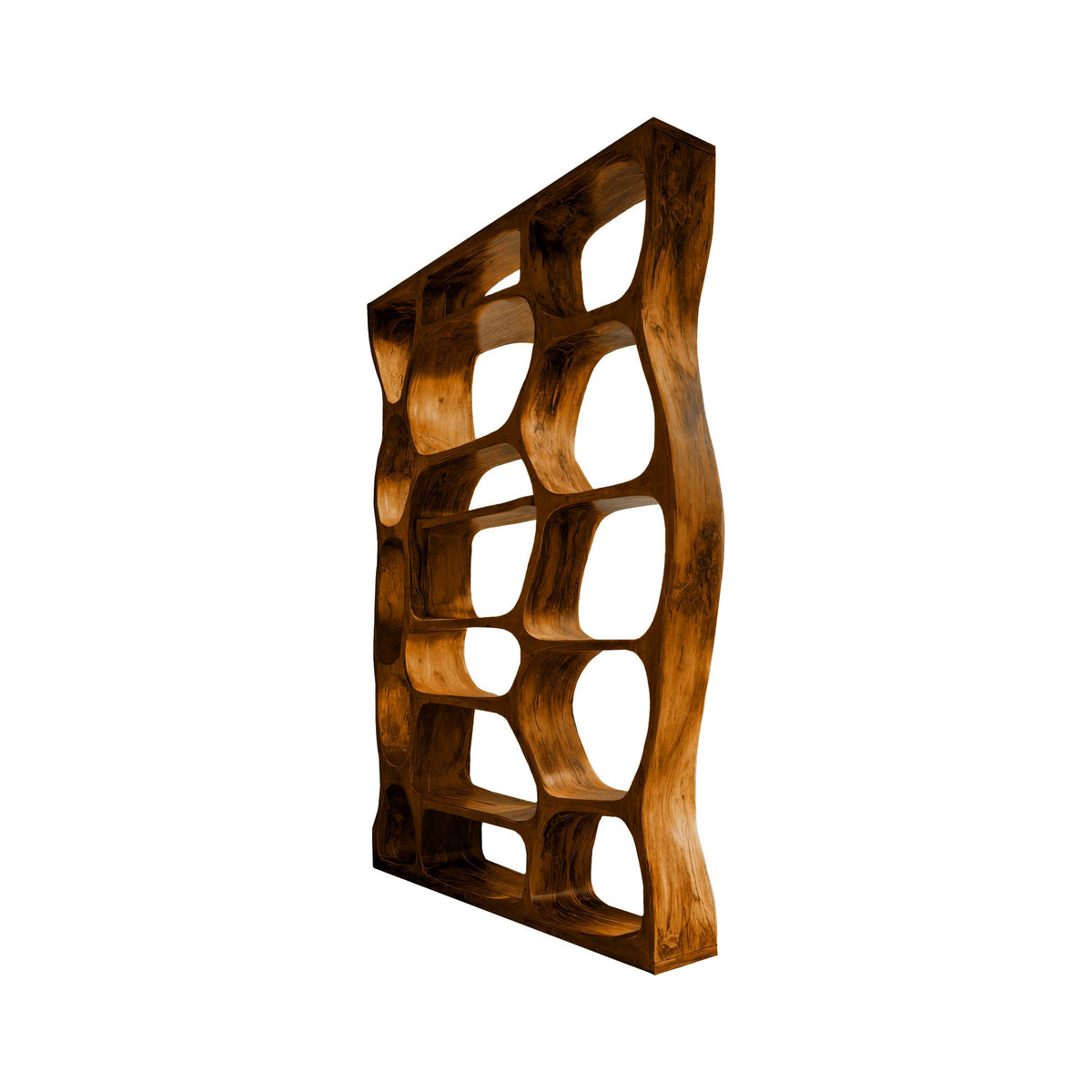 Sculpted Solid Hardwood Room Divider Bookshelf with Carved Openings in Brown finish