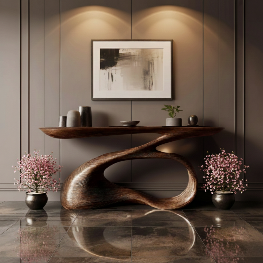 Solid Wood Console Table with Looping Sculptural Base - view 2