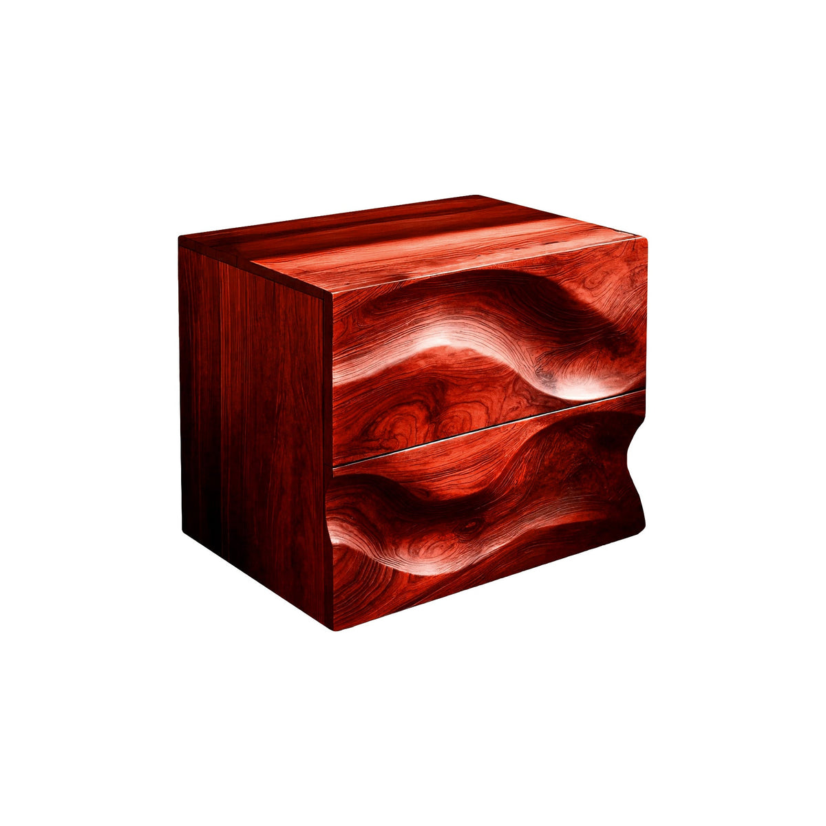 Hand-Carved Hardwood Wave Nightstand with Two Soft-Close Drawers in Mahogany finish