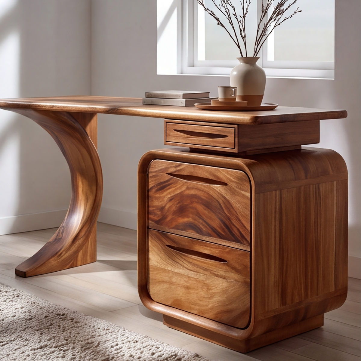 Solid Wood Waterfall Desk with Three-Drawer Pedestal - view 2