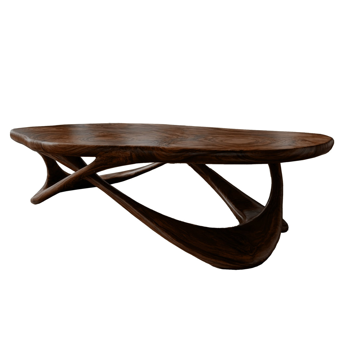 Live Edge Solid Wood Coffee Table with Interwoven Sculptural Base in Dark Walnut finish