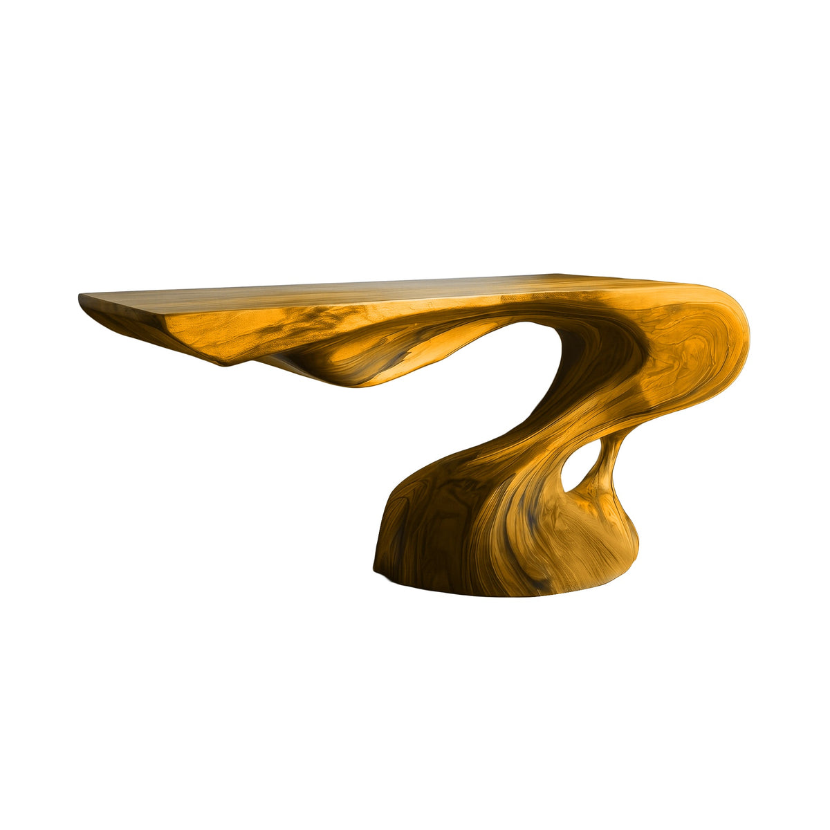 Sculpted Solid Hardwood Console Table with Flowing Pedestal Base in Teak finish