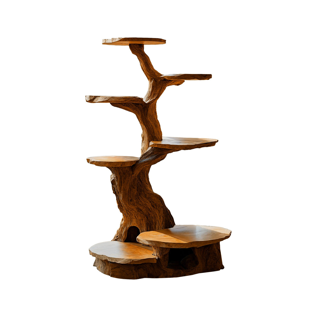 Branched Sculpted Solid Wood Cat Tree Shelf, Freestanding in Brown finish