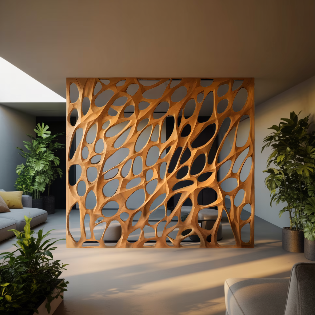 Modern Organic Solid Wood Room Divider with Cellular Openings in Brown finish