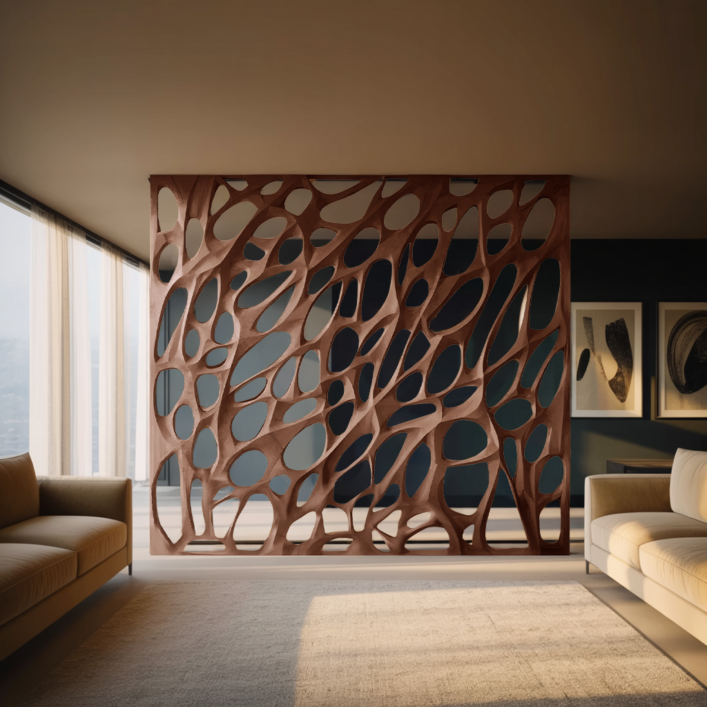 Modern Organic Solid Wood Room Divider with Cellular Openings in Walnut finish